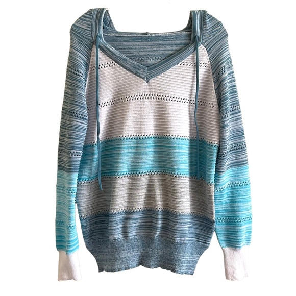 Lightweight color block blue, white & gray long sleeve striped hoodie - Picture 2 of 14
